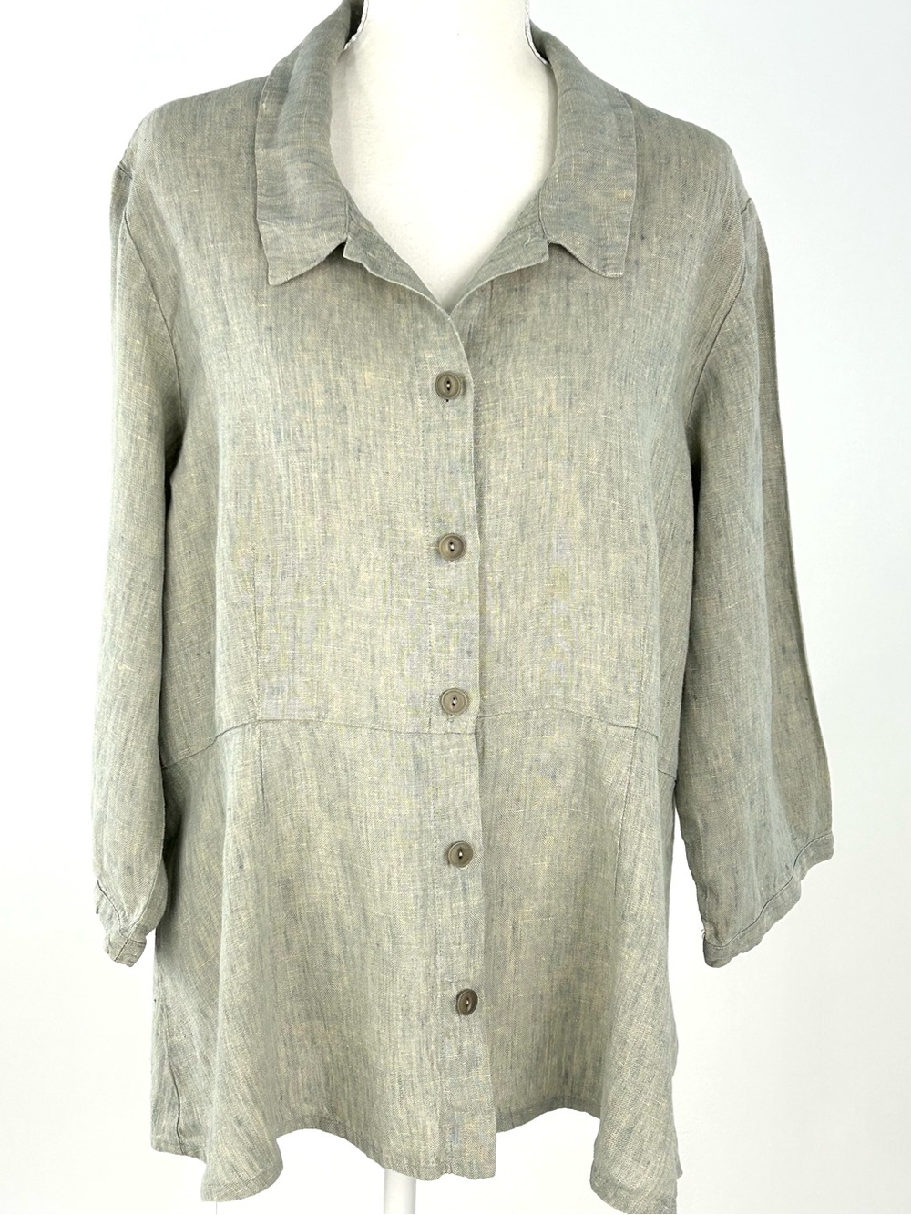 FLAX Shapely Blouse M 100% Linen Gray Green Button Front Lagenlook